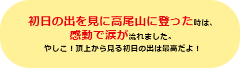初日の出を見に高尾山に登った時は、感動で涙が流れました。やしこ！頂上から見る初日の出は最高だよ！